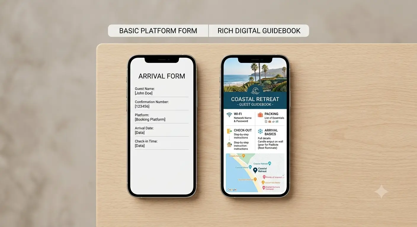 Illustration of an OTA's basic native welcome guide and a digital guidebook shown side by side on two phones.