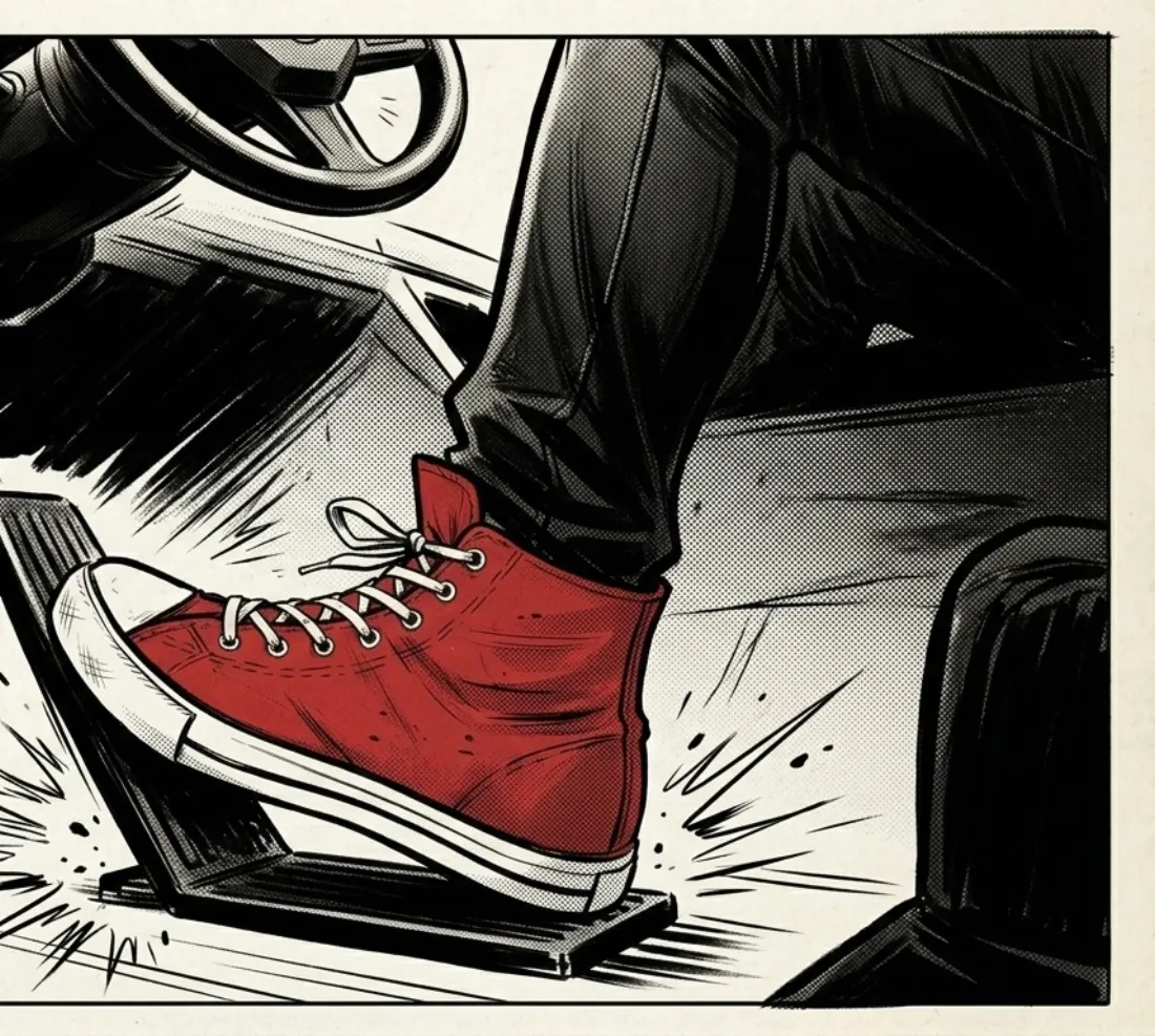 A red high-top stomps the pedal.