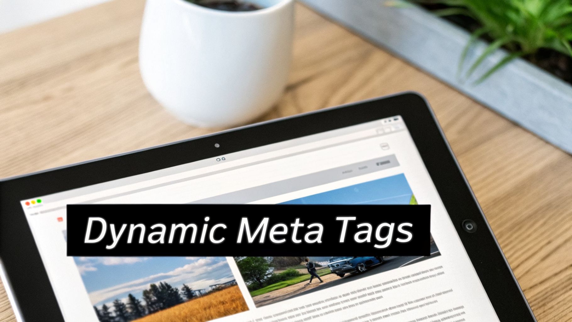 A tablet on a wooden desk displays a web page featuring 'Dynamic Meta Tags' text.