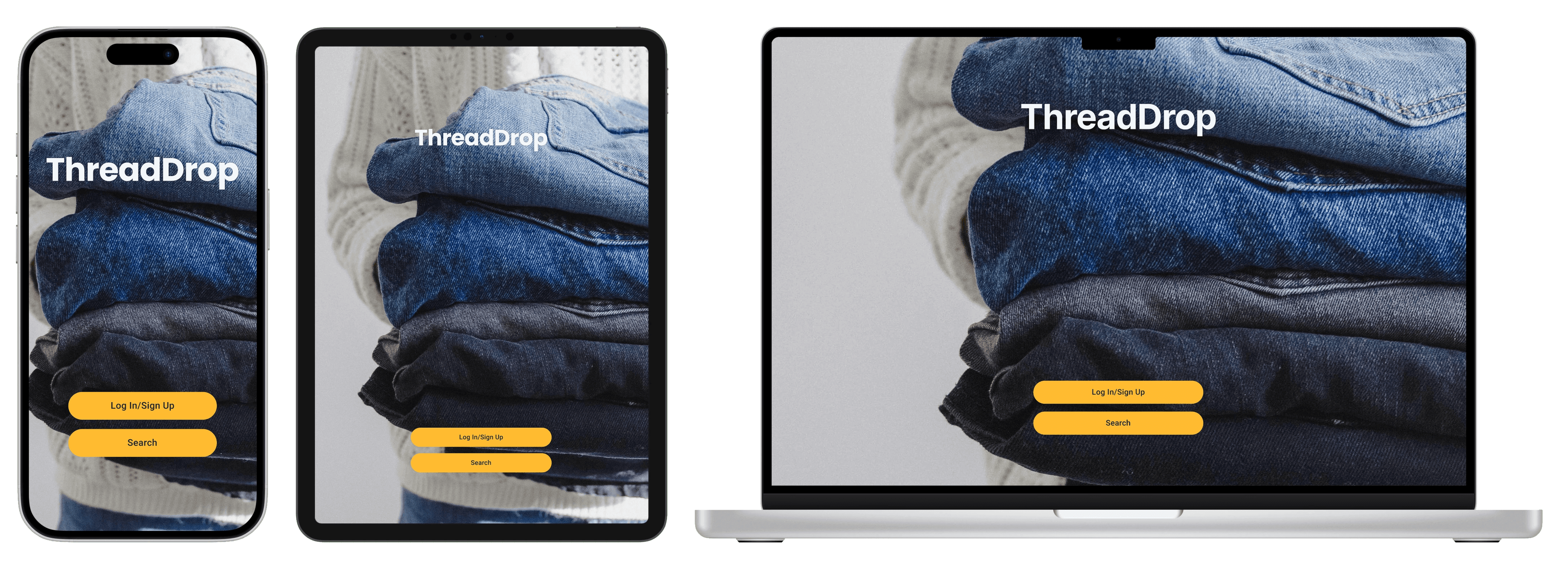 Mockups of a smartphone, a tablet, and a laptop pc displaying the splash screen for ThreadDrop