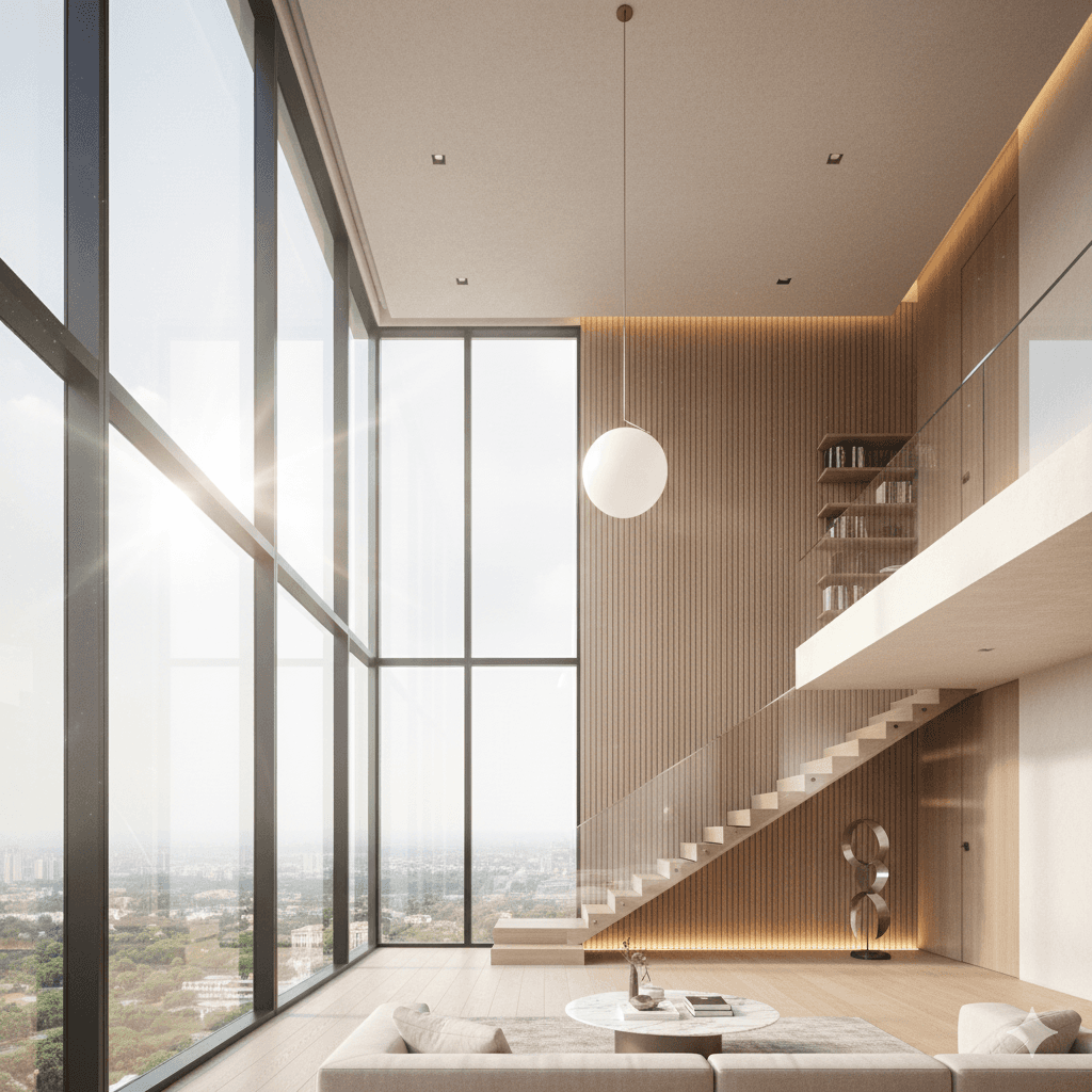 Gurugram duplex apartment double height living room