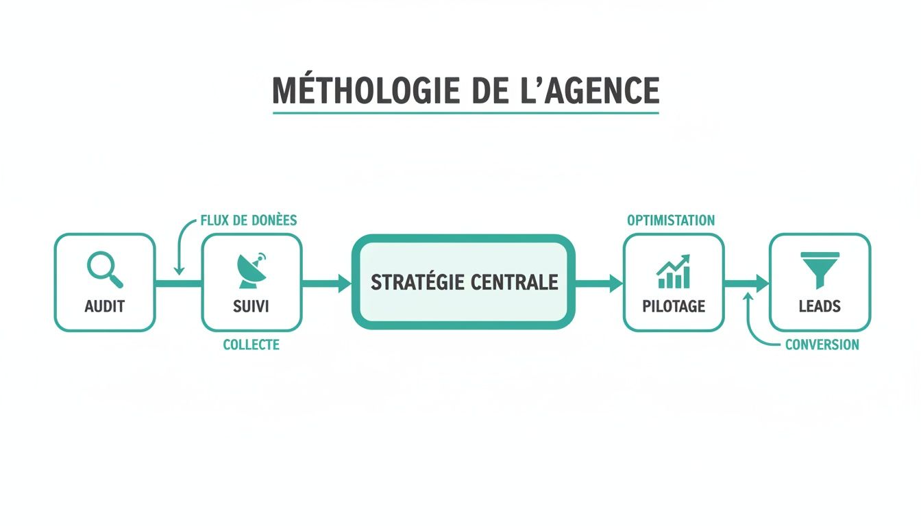 Un schéma illustrant la méthodologie d'une agence, détaillant les étapes de l'audit à la conversion des leads, incluant la stratégie centrale.