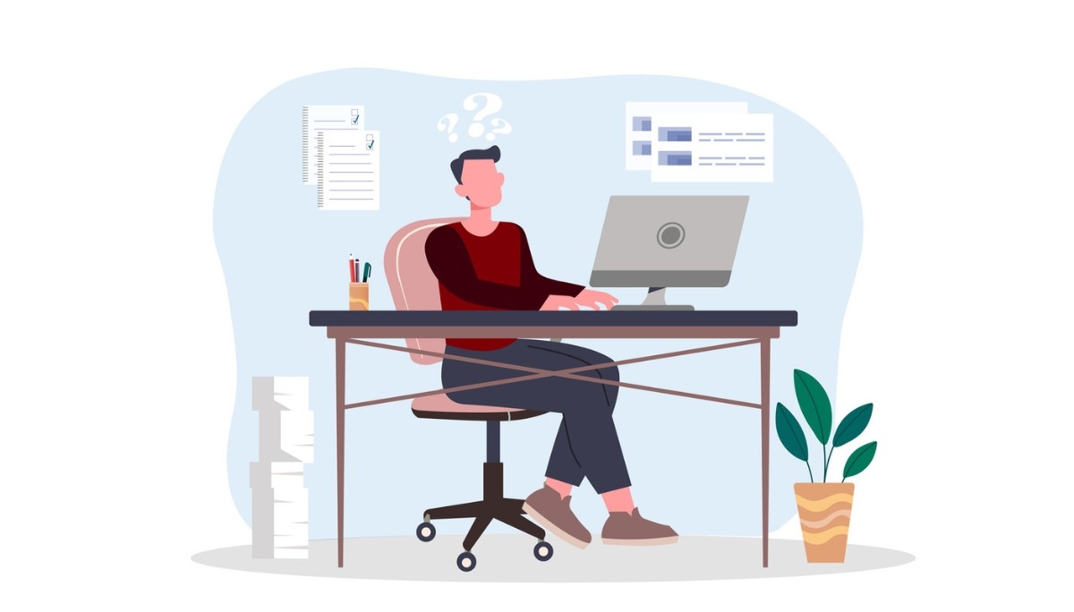 Illustration of a person surrounded by symbols like a question mark, light bulb, gears, and puzzle pieces.