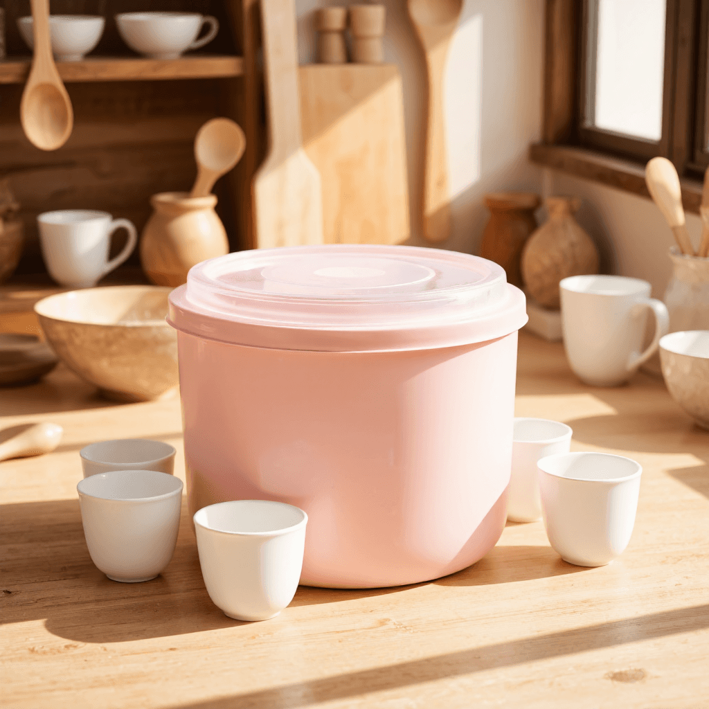 product photography of a pink storage container with a transparent lid, used for organizing items