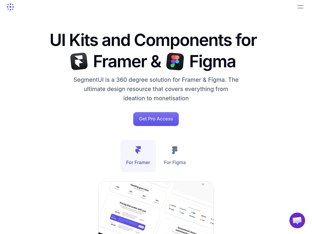 UI kits for Framer and Figma, with "Get Pro Access" button.