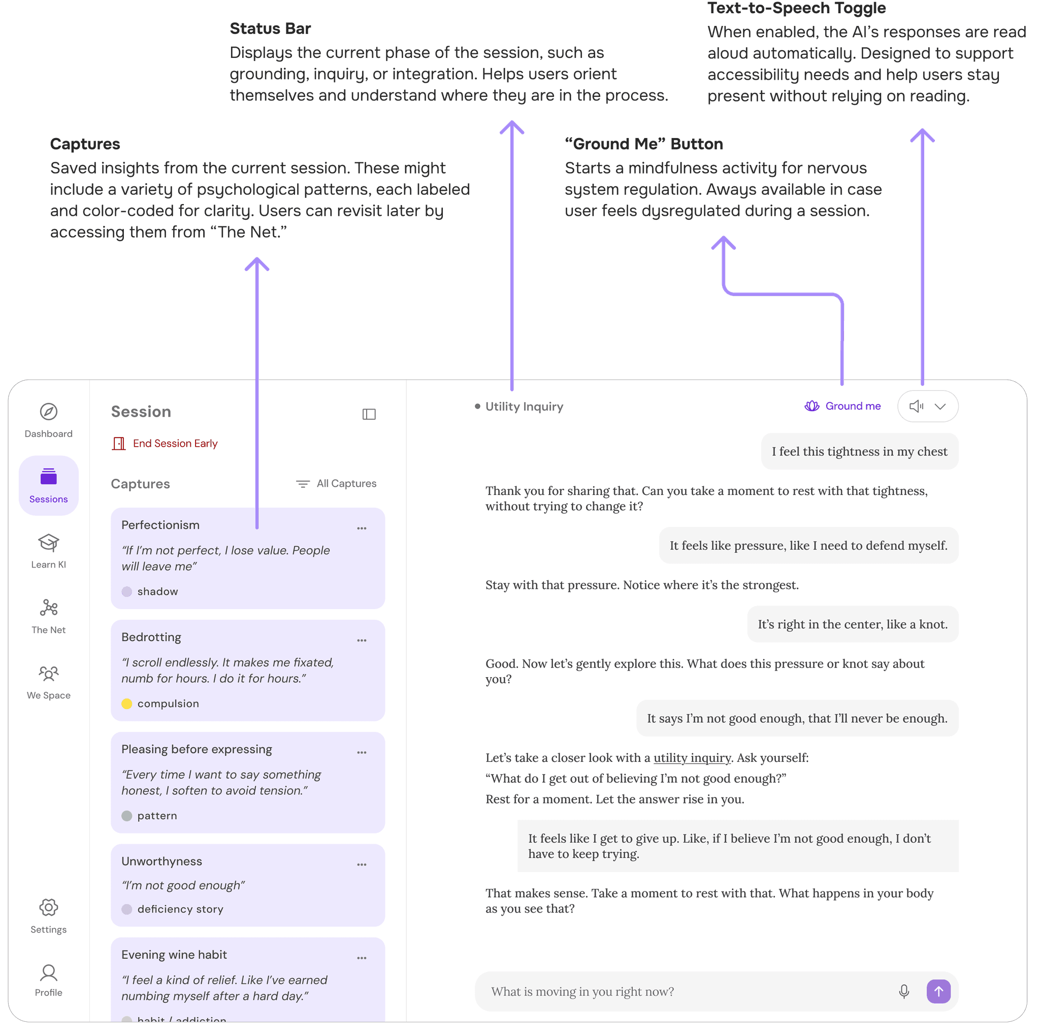 Labeled image of the session screen, highlighting elements like the chat interface, captures panel, and support tools.