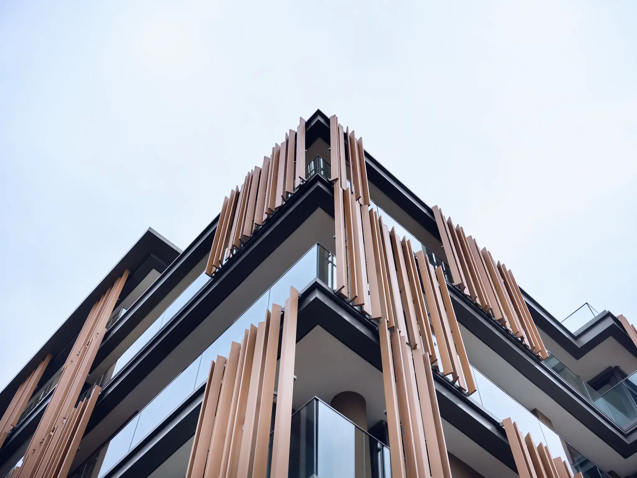 View from below of the timber sun-shading louvres