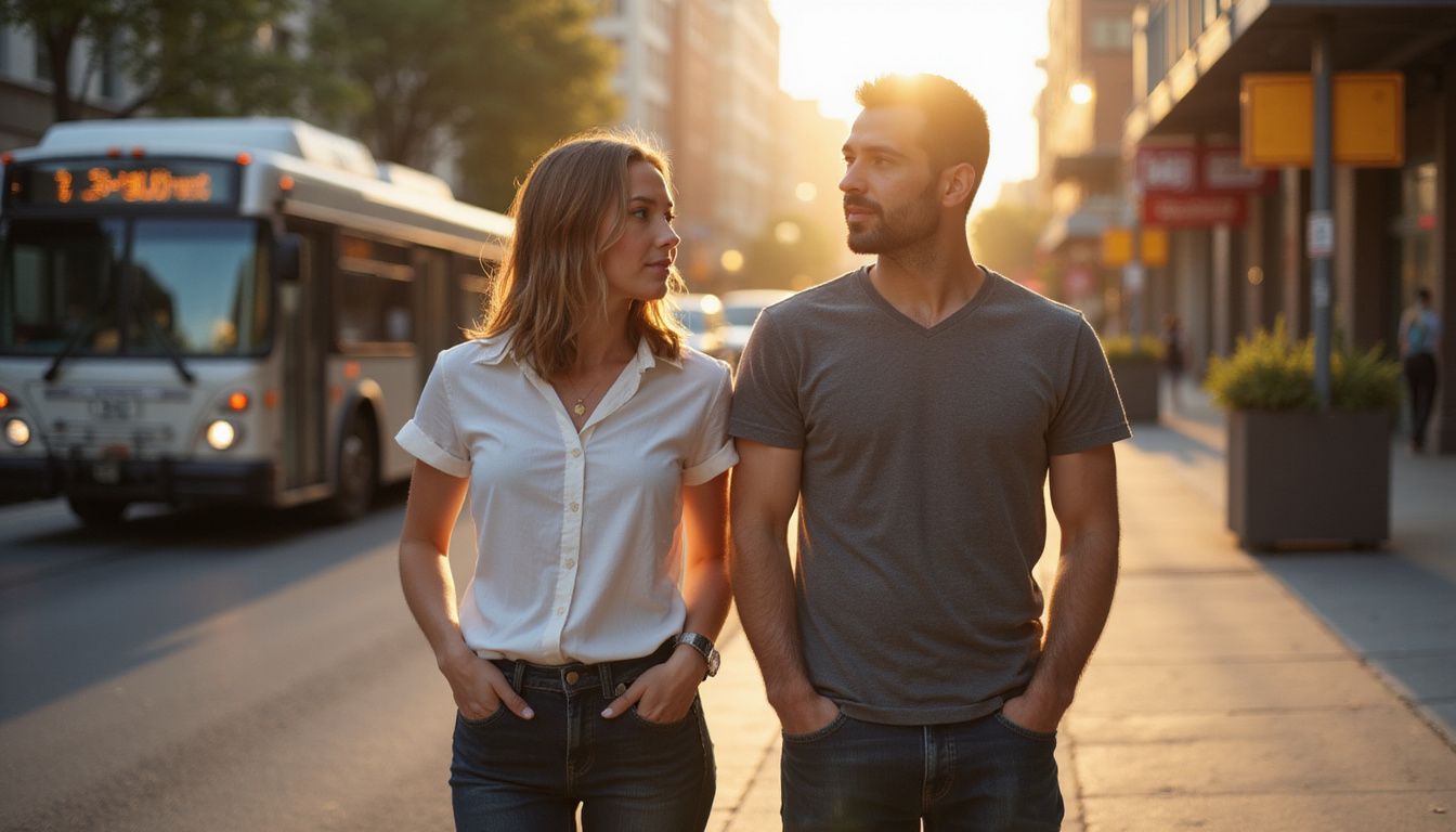 A couple enjoys a moment together on a busy downtown street.