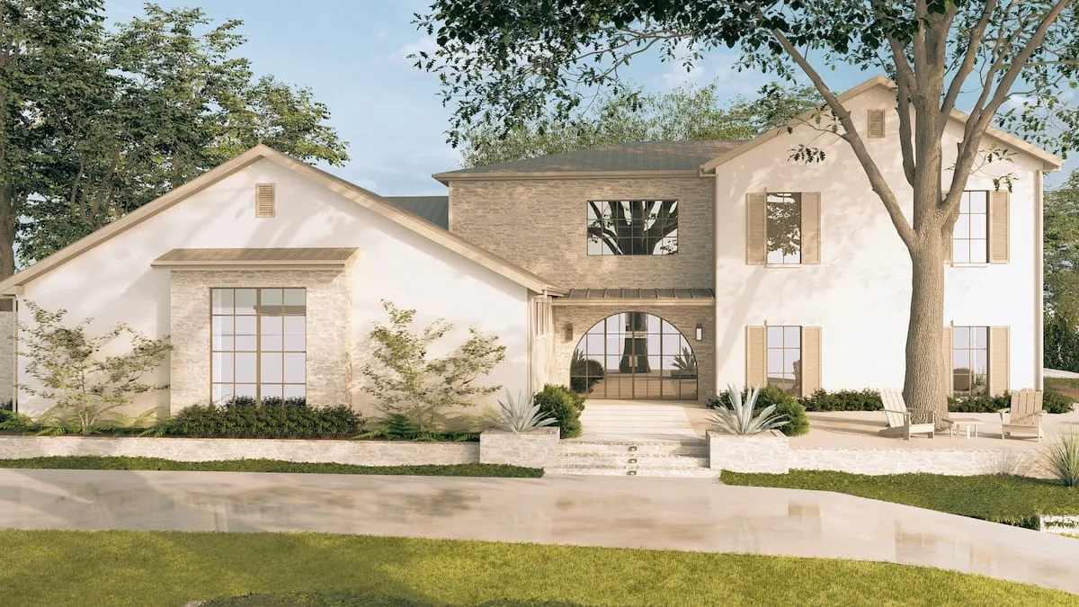 French country front yard landscape design in Fort Worth