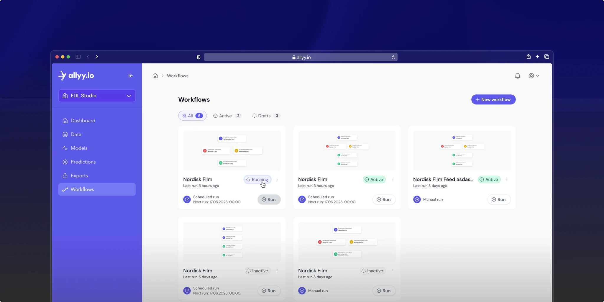 User interface of the Allyy.io dashboard displaying active and draft workflows in an organized layout with a purple side navigation bar.