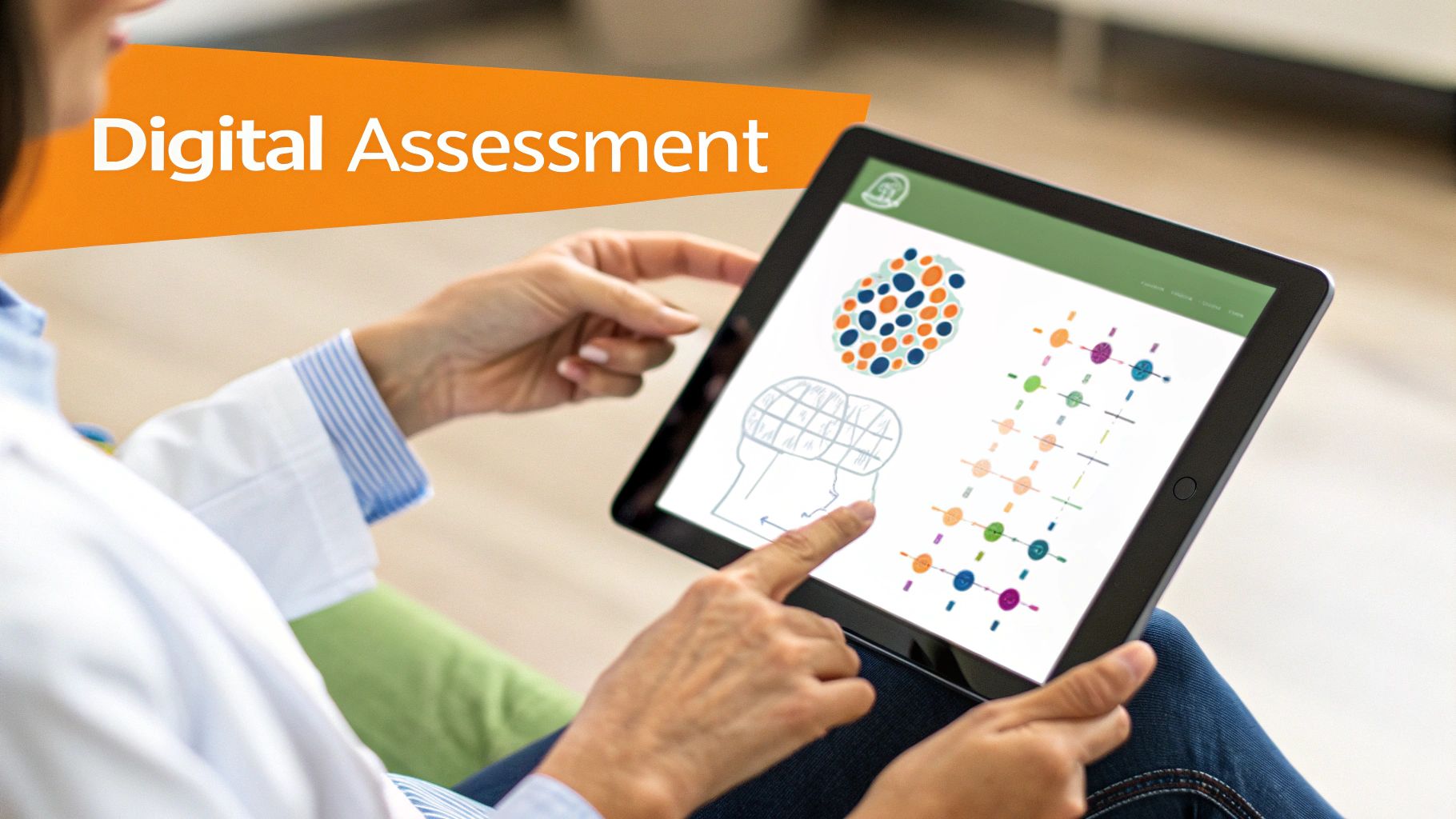 A person uses a tablet displaying digital assessment results with brain diagrams and colorful patterns.