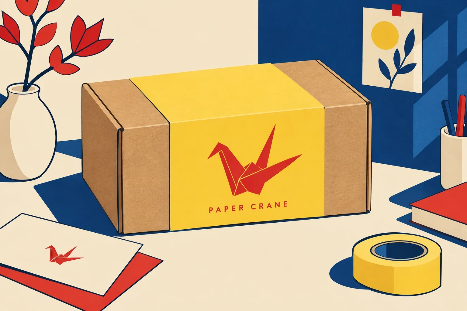 Kraft shipping carton with bright yellow paper sleeve and a simple red origami crane print, exact word PAPER CRANE, studio photography