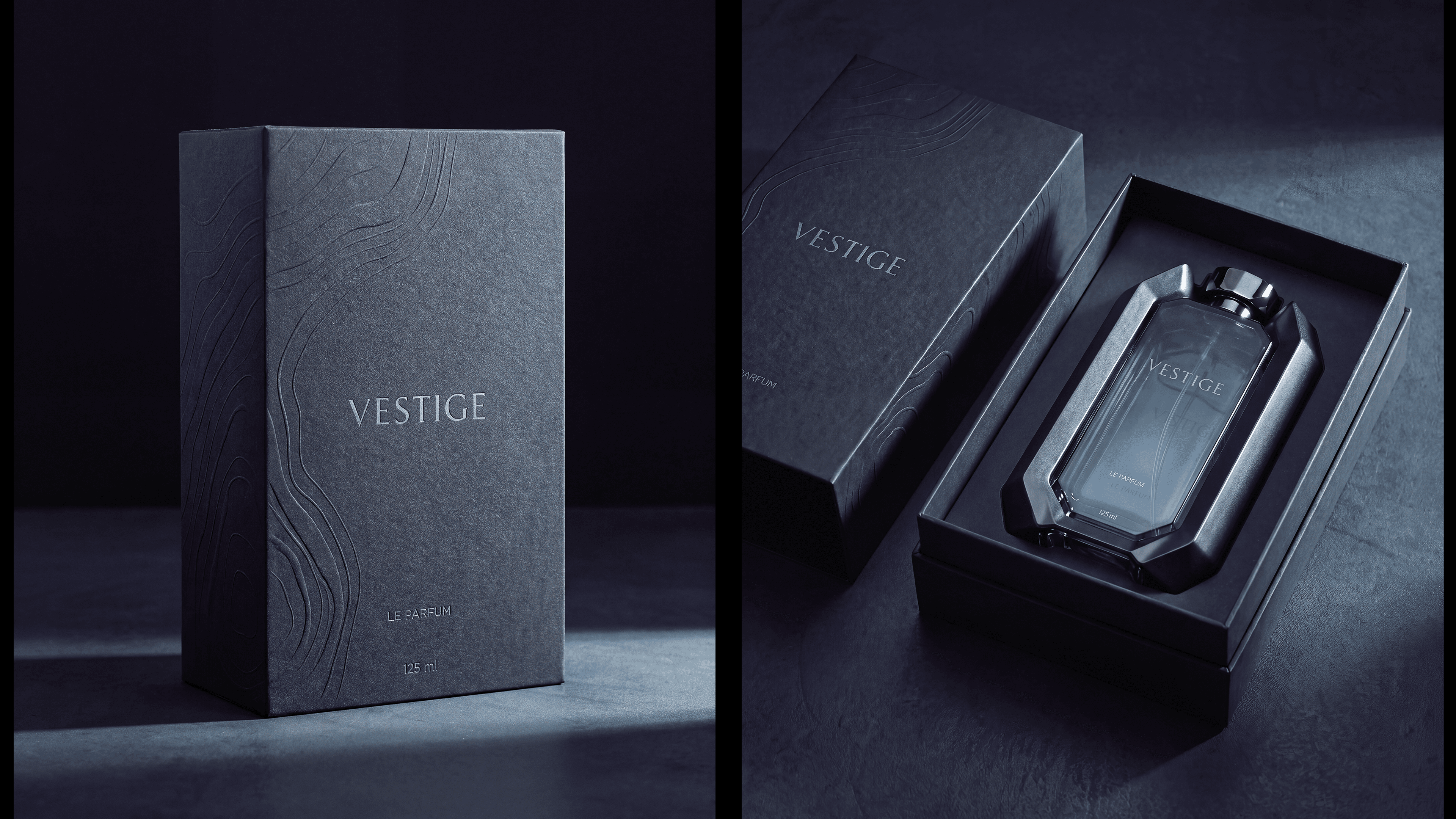 VESTIGE bottle and packaging in a cool studio setting.