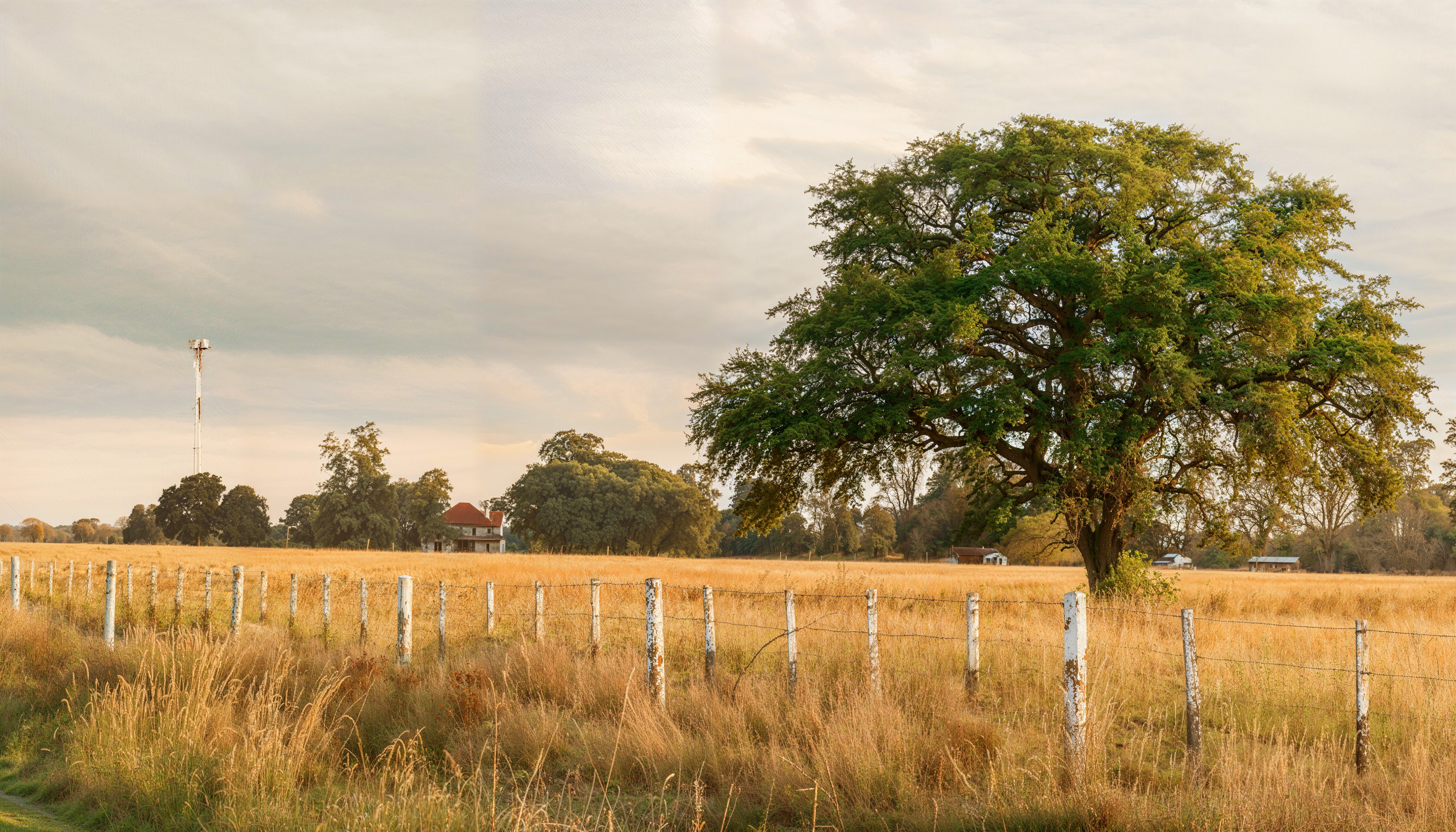 A tree stands in a sunlit grassy field, bordered by a white fence. A farmhouse and trees are in the distance under a cloudy sky.
