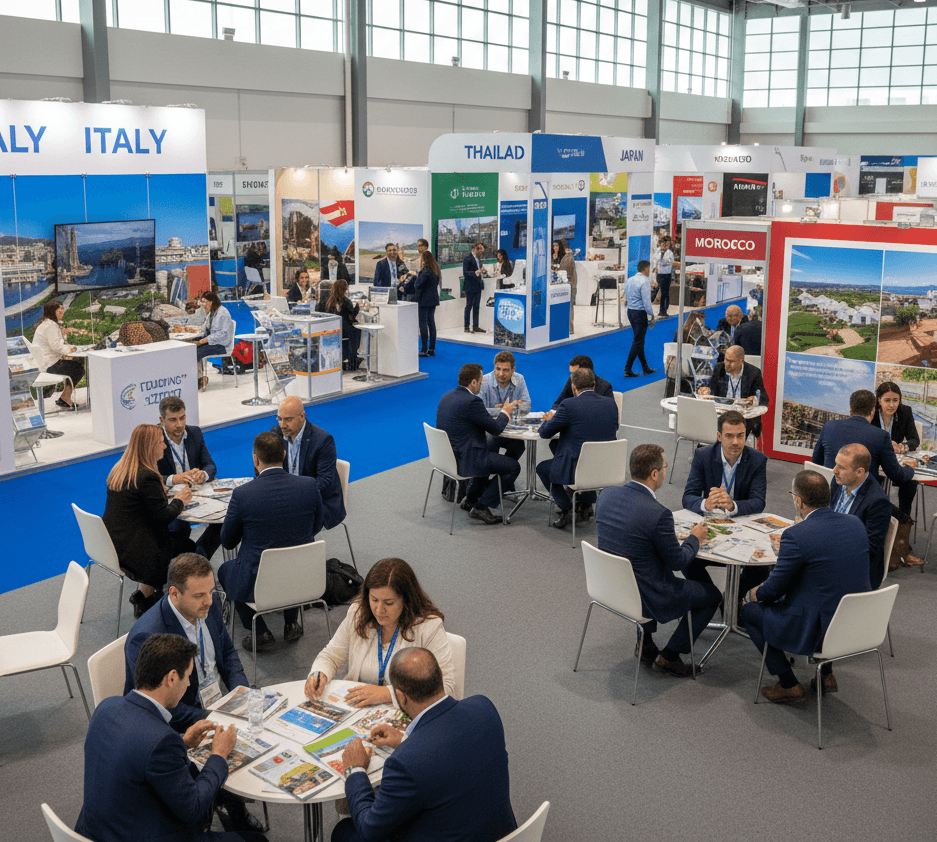 Interior of IMTM Tourism Exhibition 2026 at Expo Tel Aviv showing tourism boards and travel companies in B2B meetings