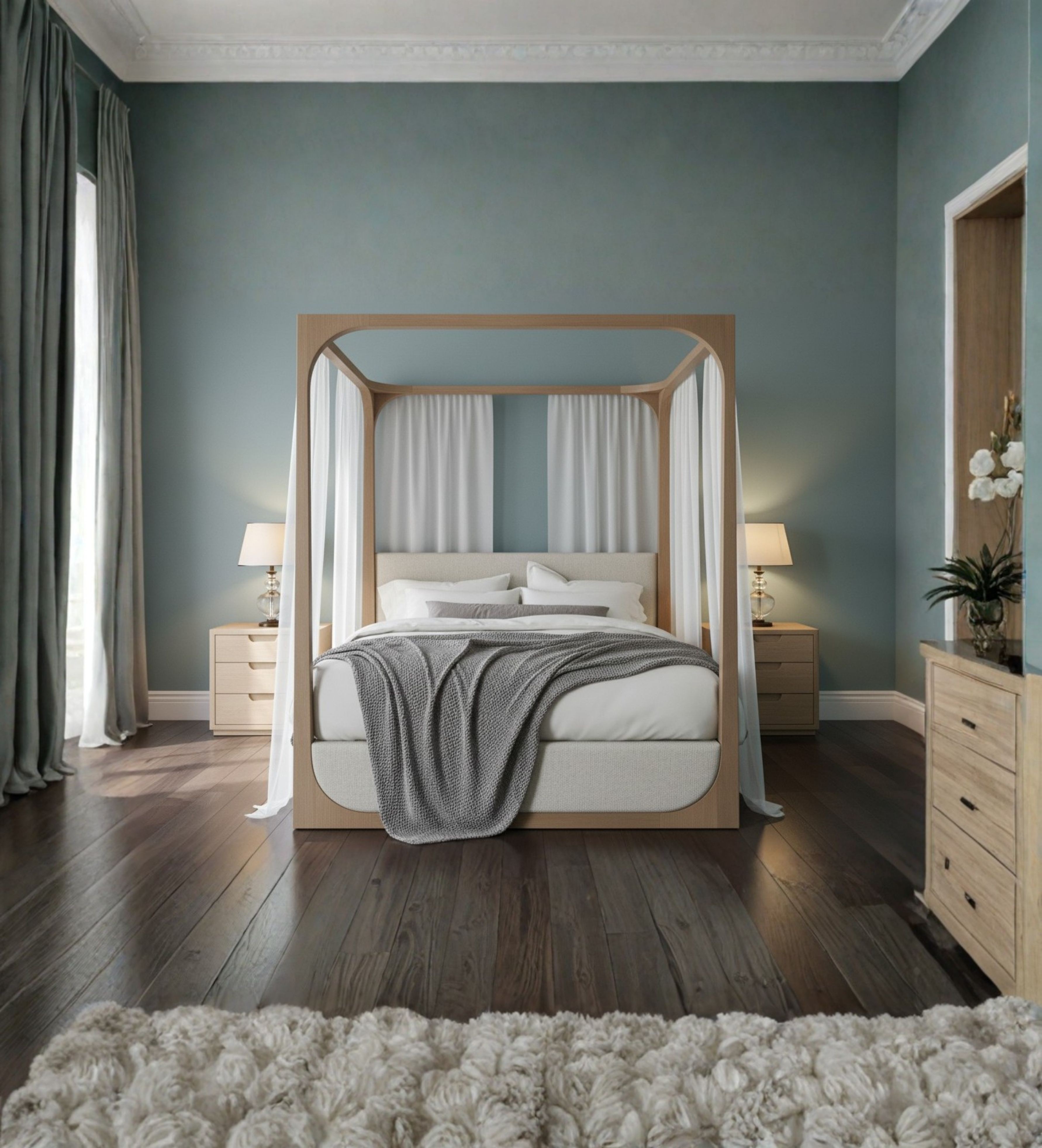 Canopy bed with light wooden frame and softly rounded corner posts