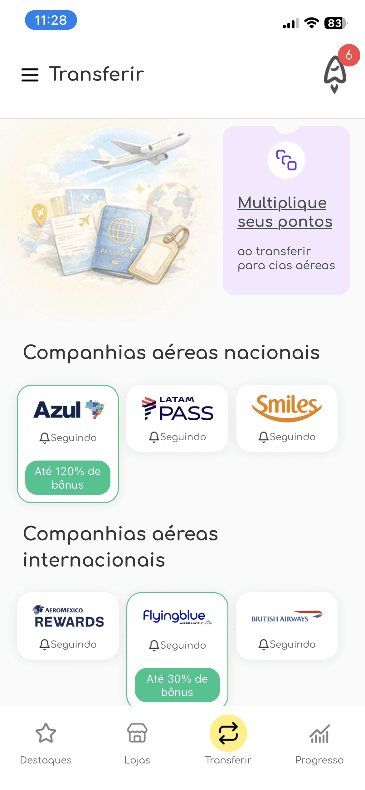 Tela Transferir do app de milhas AceleraPontos com ofertas de bônus para companhias aéreas, incluindo até 120% na Azul.
