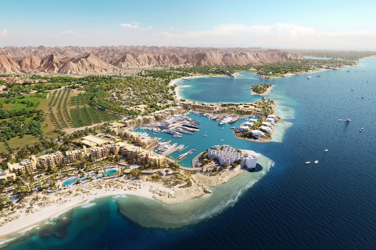 Aerial view of a marina-led coastal community development