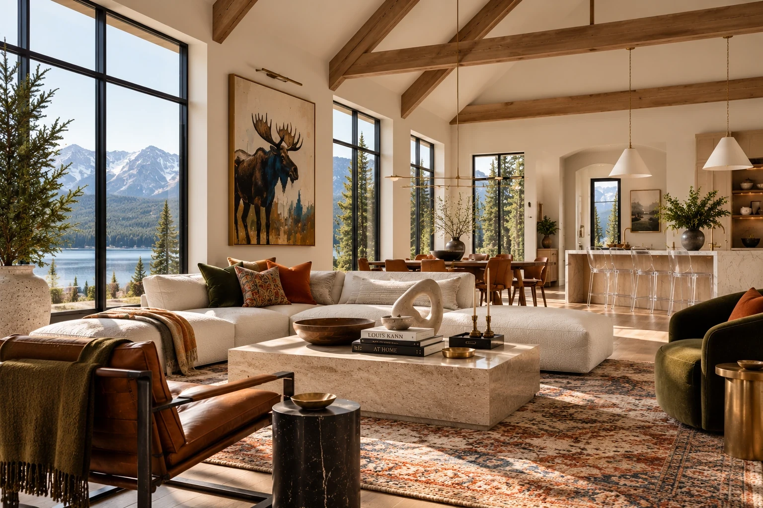 Open-concept modern farmhouse with vaulted beams, colorful furnishings, and expansive windows overlooking a mountain lake.