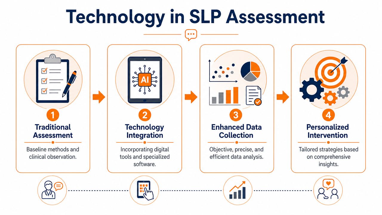 A four-step infographic illustrating the progression of speech-language pathology assessments from traditional methods to AI-driven personalized interventions.