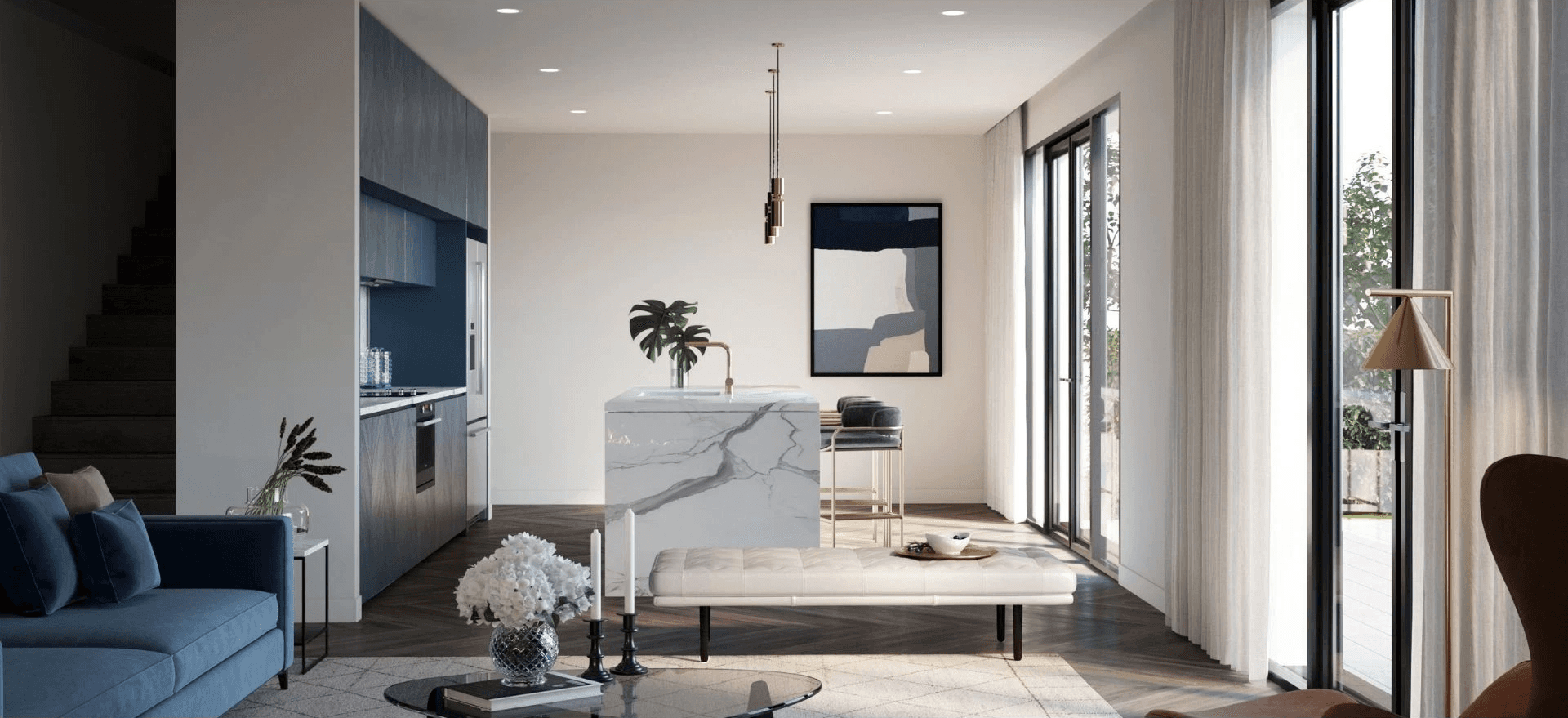 Photorealistic 3D interior render of a luxury open-plan living and kitchen space in an off-plan residential development