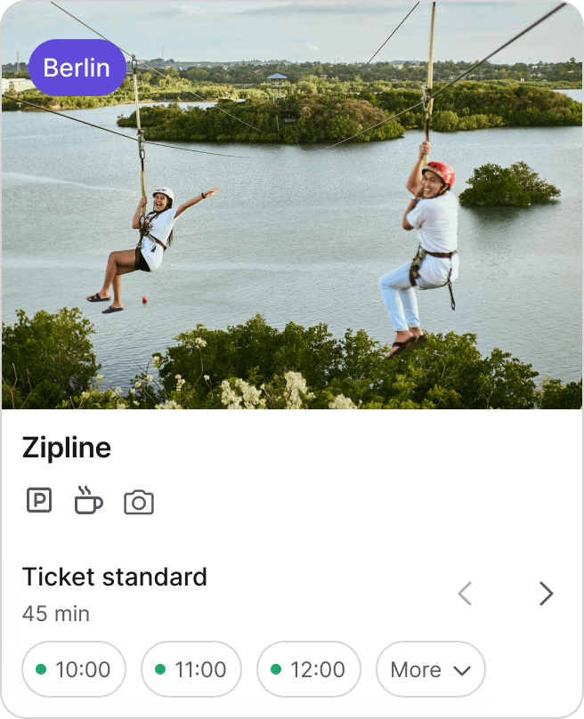 Booking view through the booking system of anny for a zipline course. The activity lasts 45 minutes and is available at various times.