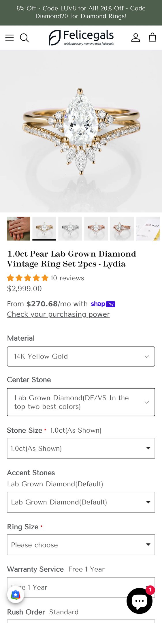 Jewelry product options include: ring for 1.0ct Pear Lab Grown Diamond Vintage Ring Set 2pcs - Lydia from Felicegals.