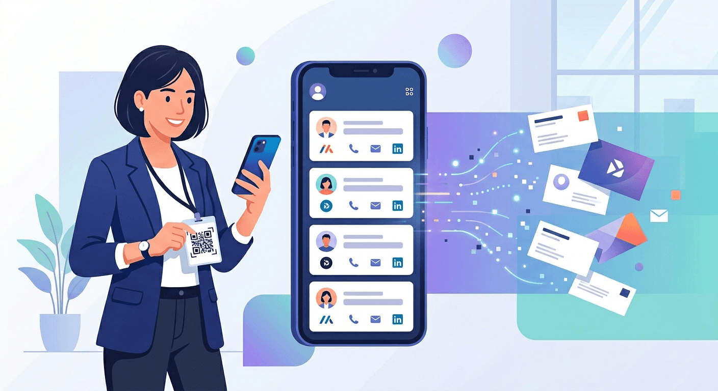 Founder converting business cards and badge scans into organized digital contacts using haby app