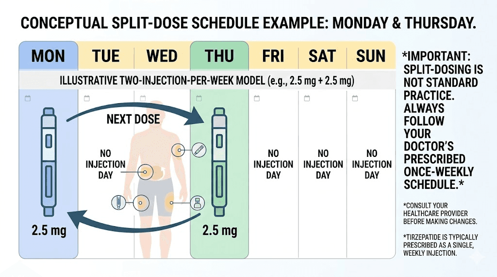 Split tirzepatide dose schedule showing twice weekly injection timing for 12.5 mg