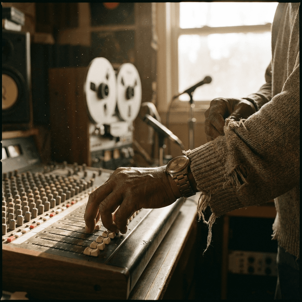 Young person with curly hair wearing blue clothing, smiling at camera