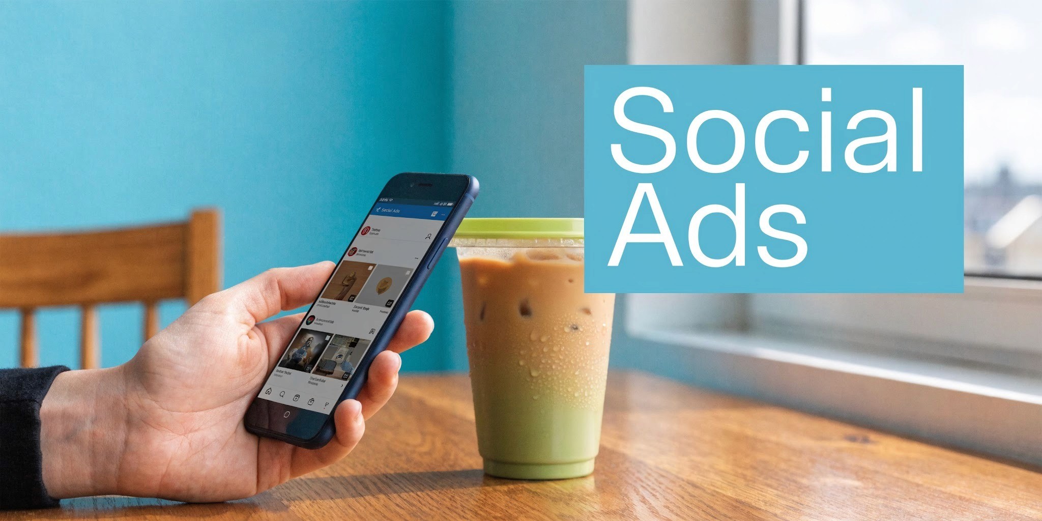 A hand holds a smartphone displaying a social media feed next to an iced coffee on a table.