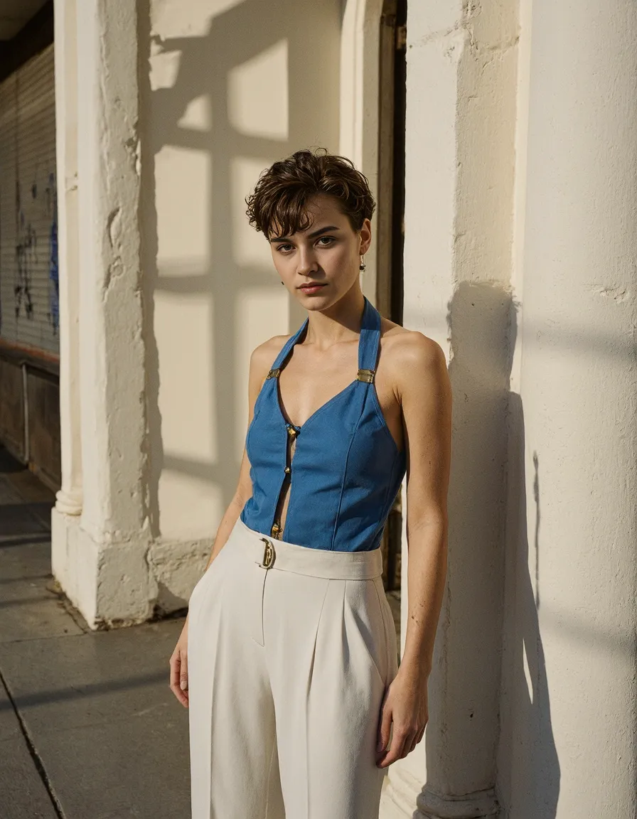 Fashion editorial photograph featuring a blue halter top and cream trousers against white walls with dramatic window shadow patterns