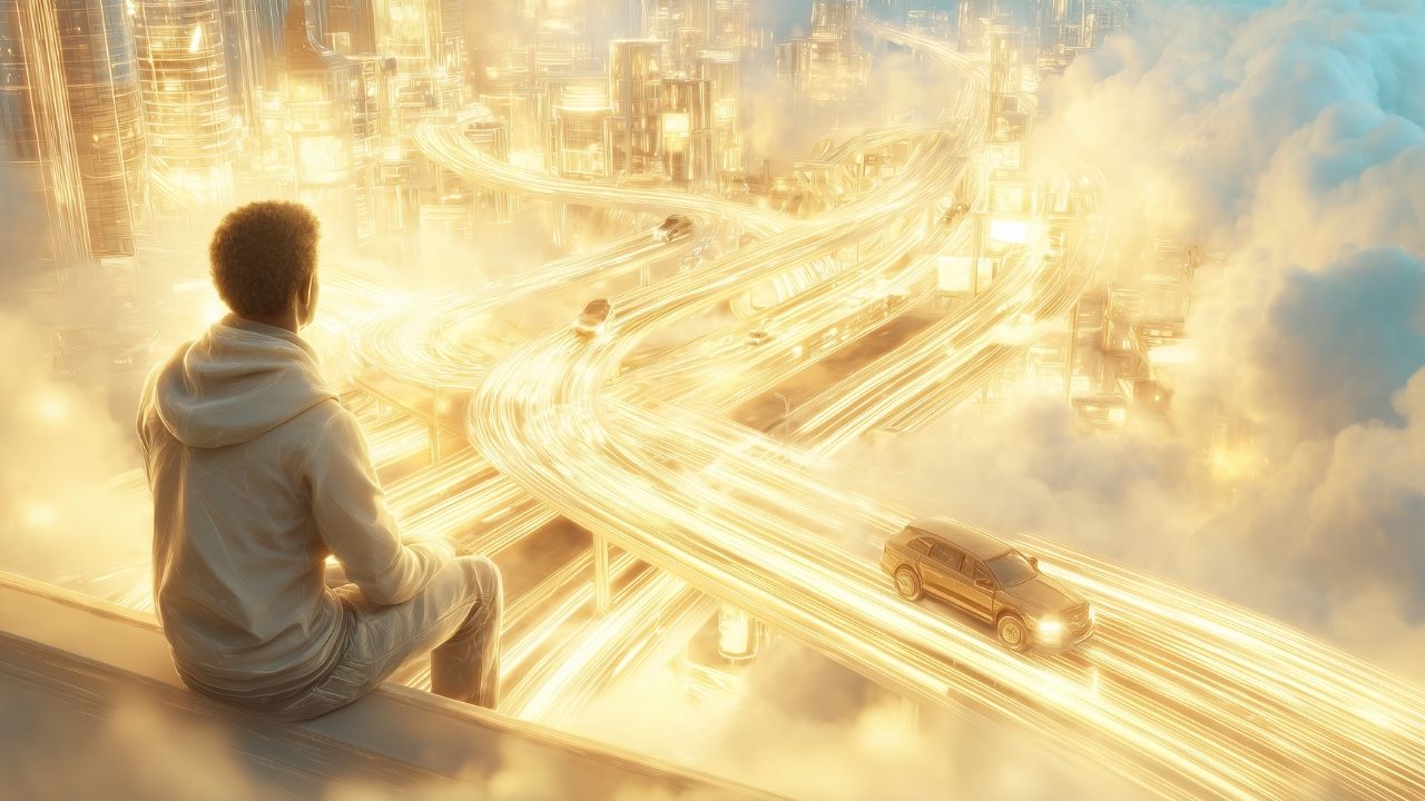 Person overlooking a futuristic city with glowing highways and cars above the clouds