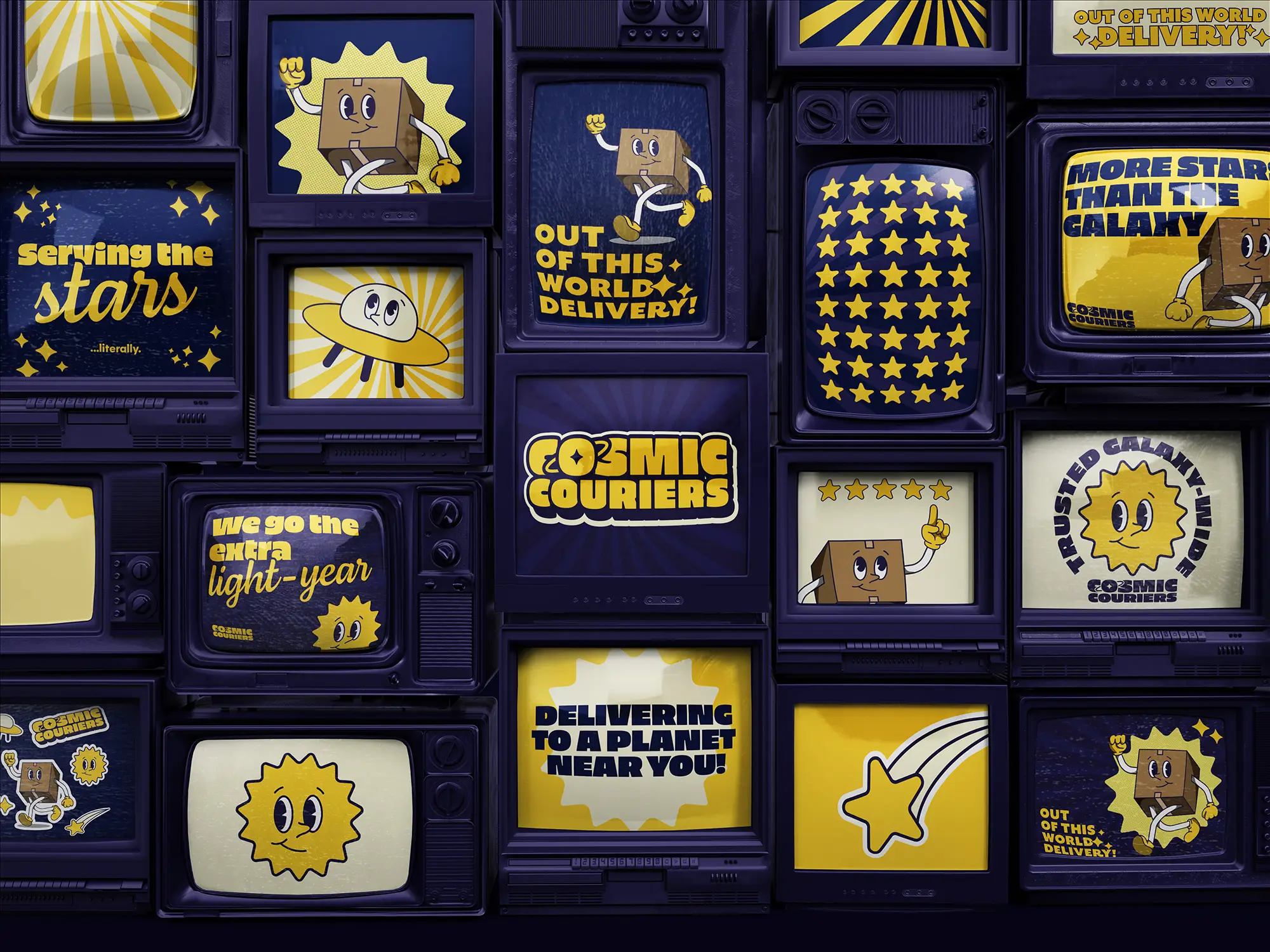 Wall of retro televisions showing the Cosmic Couriers mascot and slogans