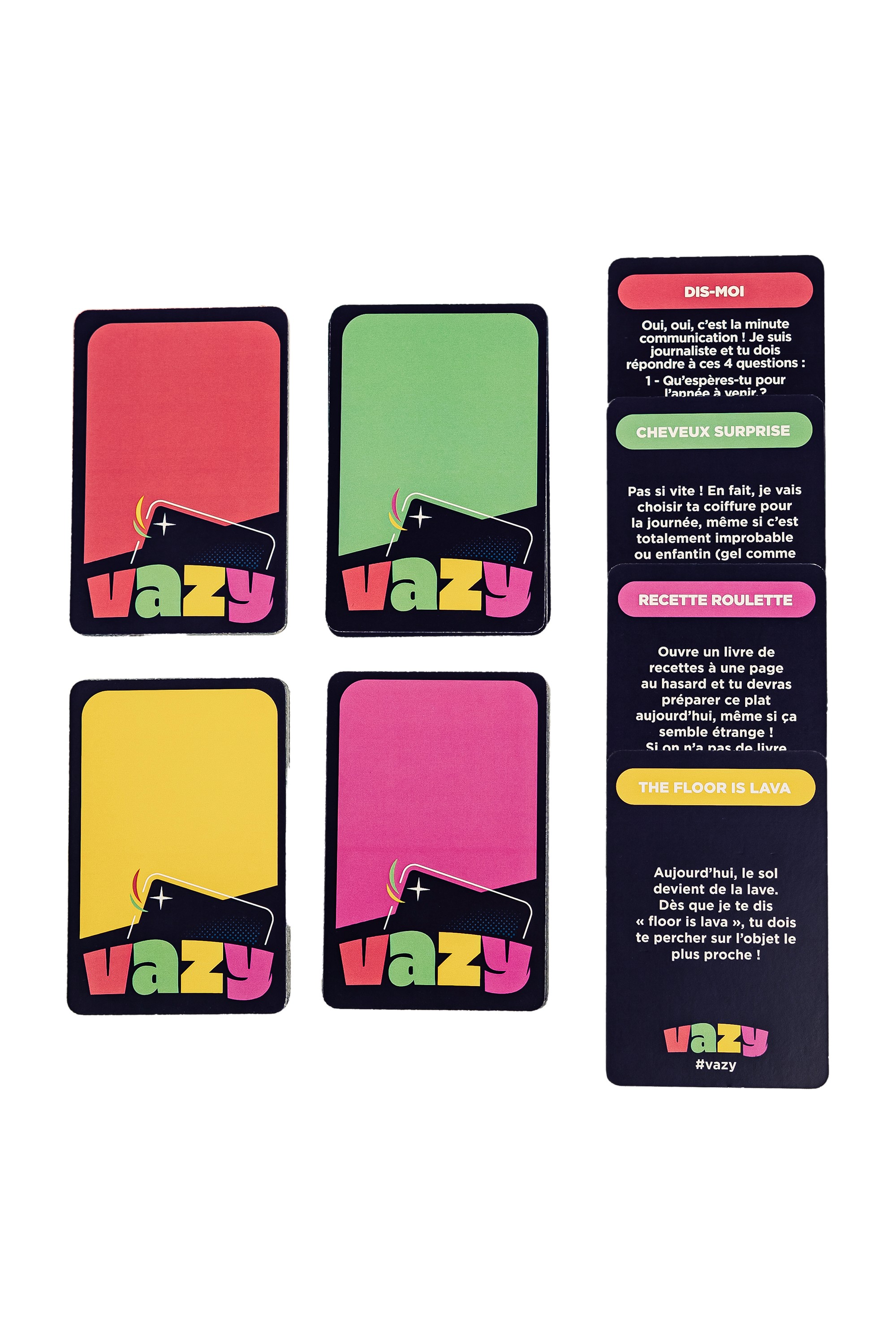 Cartes du jeu “Vazy” présentant des challenges originaux, dont “Recette Roulette” et “Cheveux Surprise”.