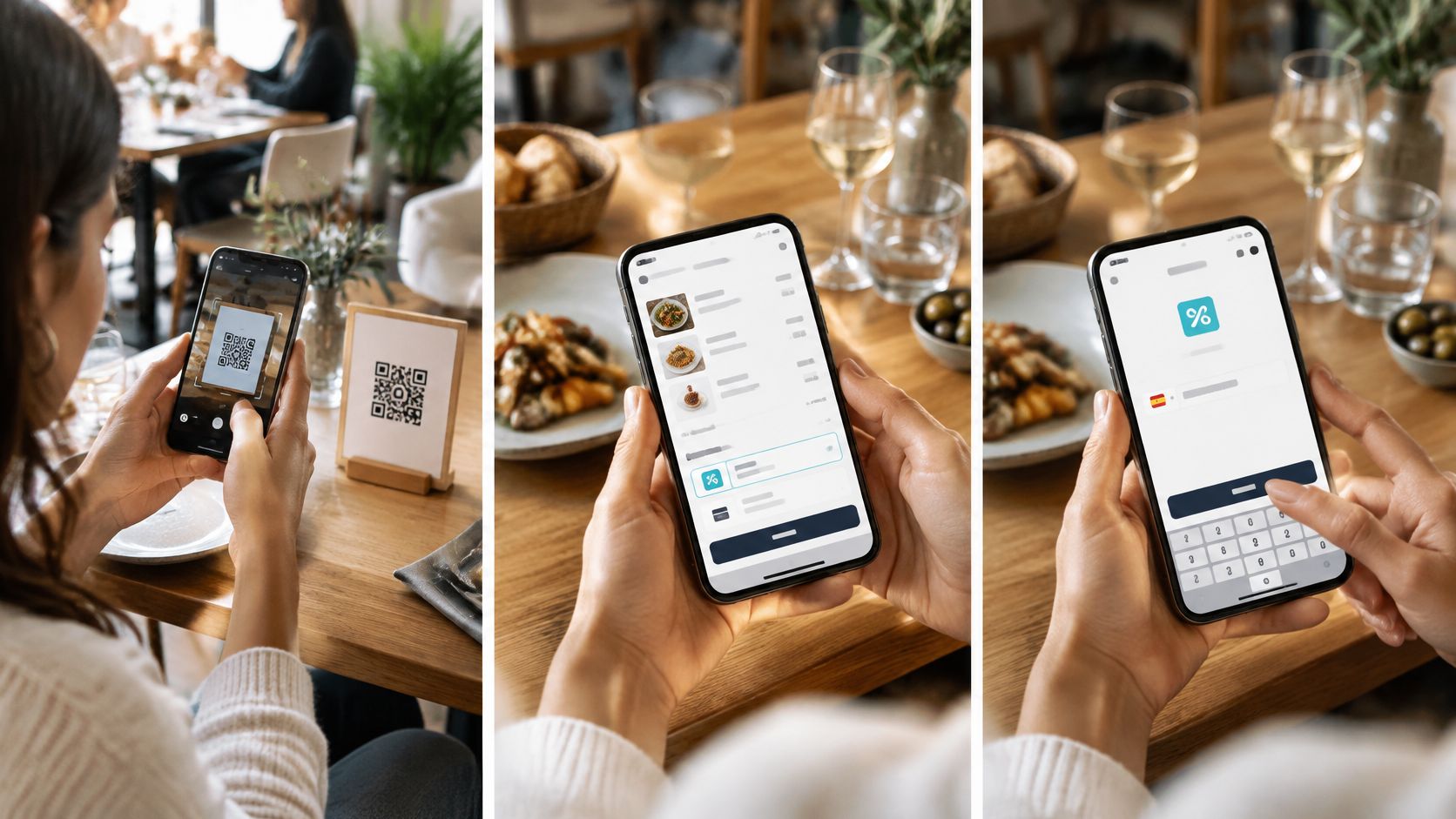 Una persona escaneando un código QR en un restaurante para realizar un pago móvil de forma segura.