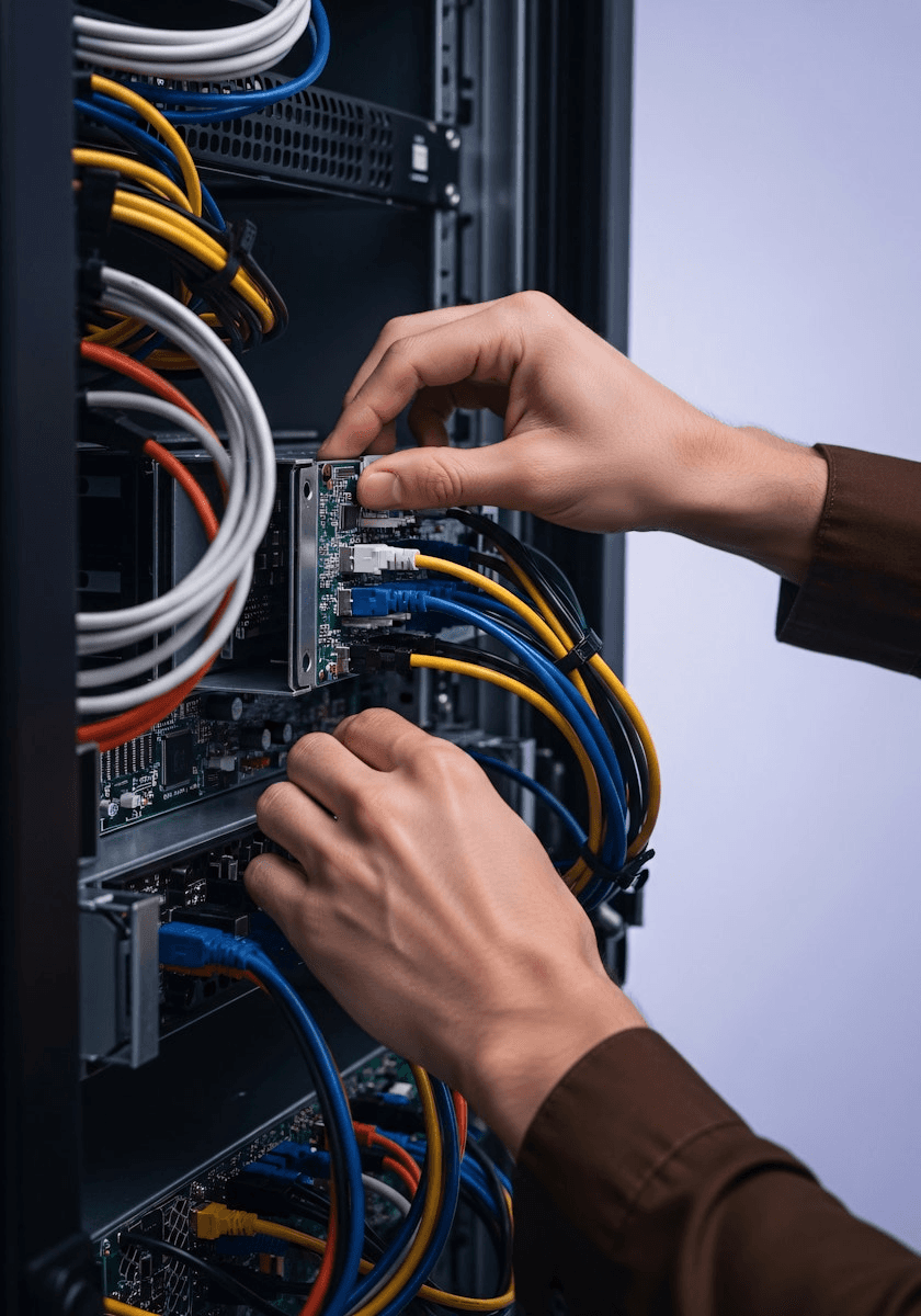A person is carefully connecting network cables to a server rack.
