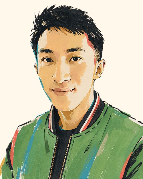 Digital watercolor portrait of a smiling young East Asian man with short dark hair, wearing a green varsity jacket with red and white trim.