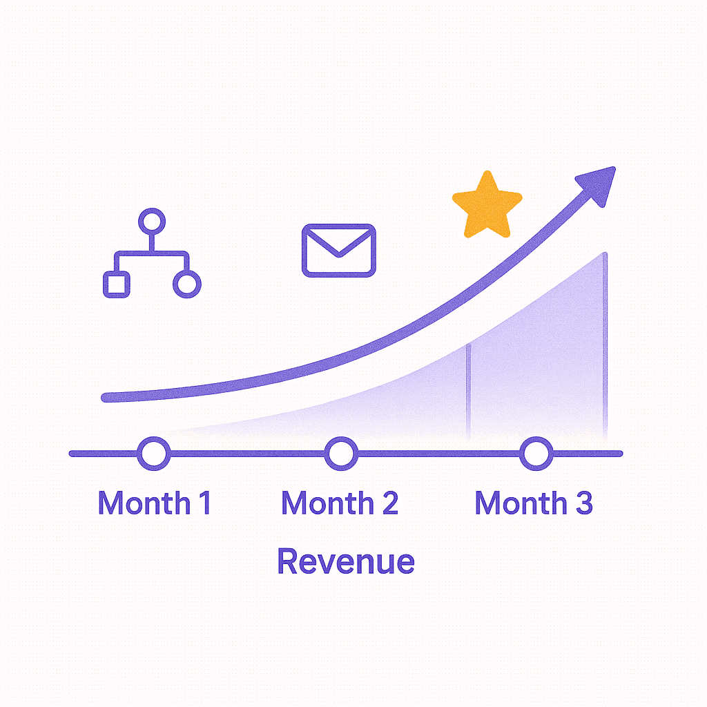 Minimal purple gradient timeline labeled Month 1–3, with workflow icons, an ascending revenue curve, and a gold star marking success on a white background.