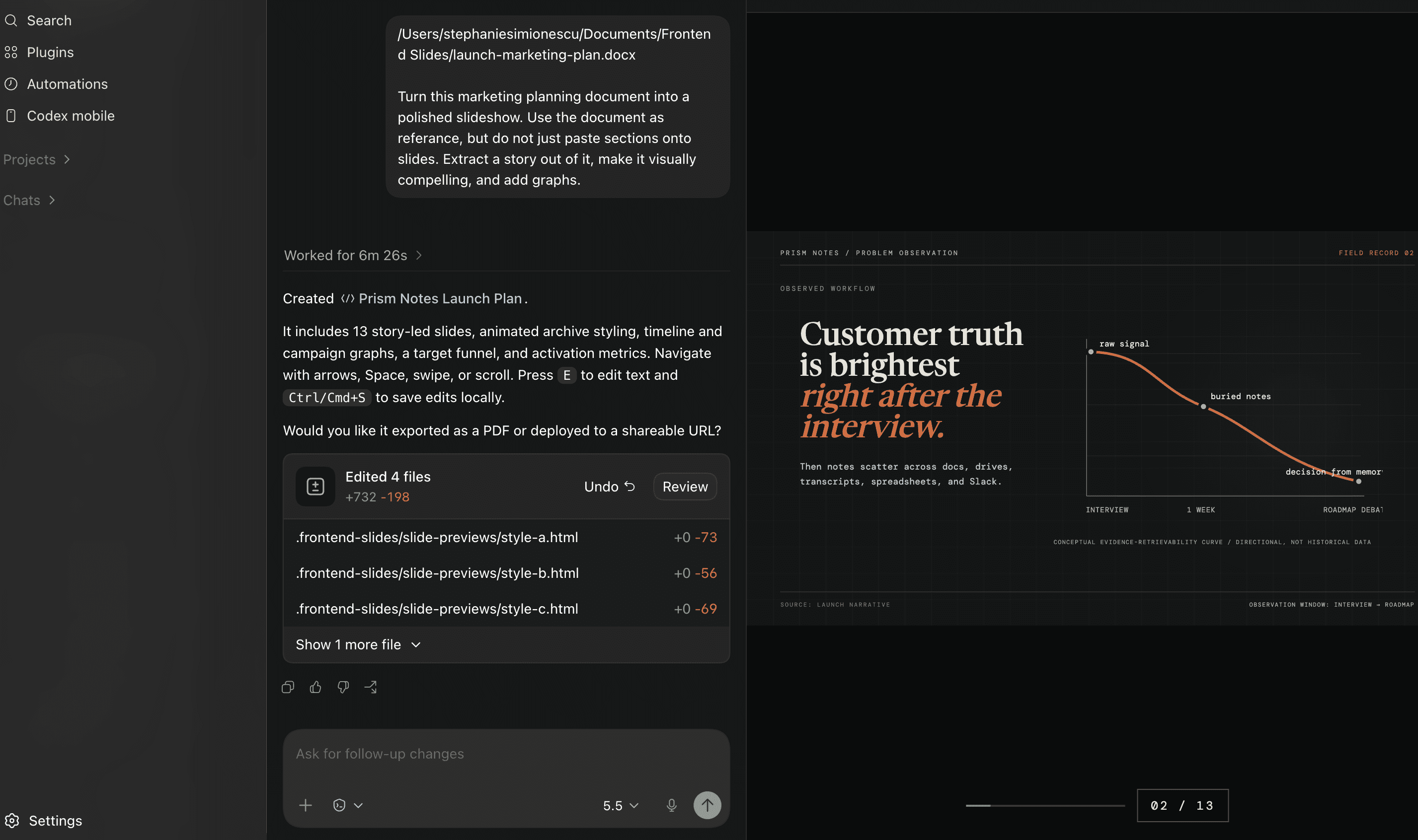 frontend-slides result: marketing slideshow in Codex