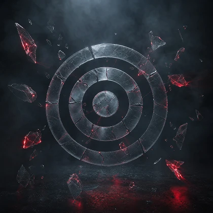 Alvo circular de metal estilhaçando-se em fragmentos de vidro vermelho brilhante, sobre fundo escuro com fumaça — simbolizando perda de foco ou metas fragmentadas.