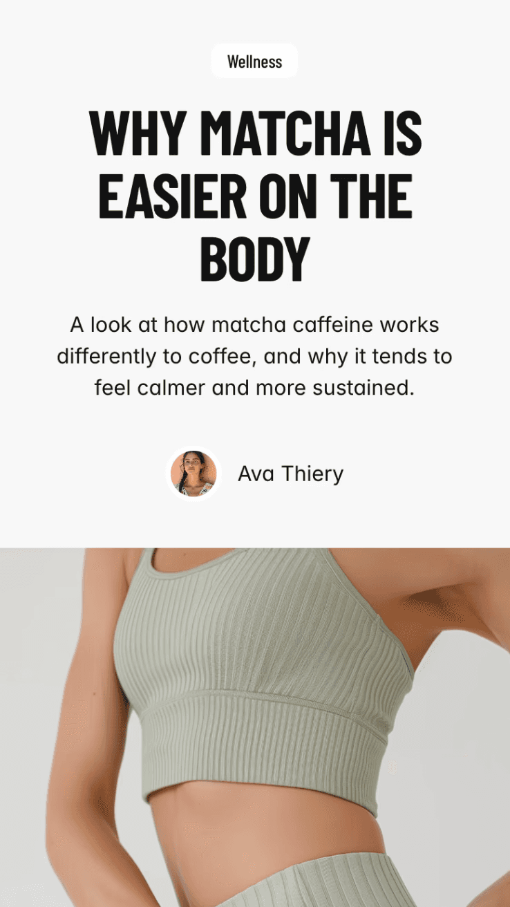 Matcha wellness article page design with bold editorial typography and lifestyle fitness image