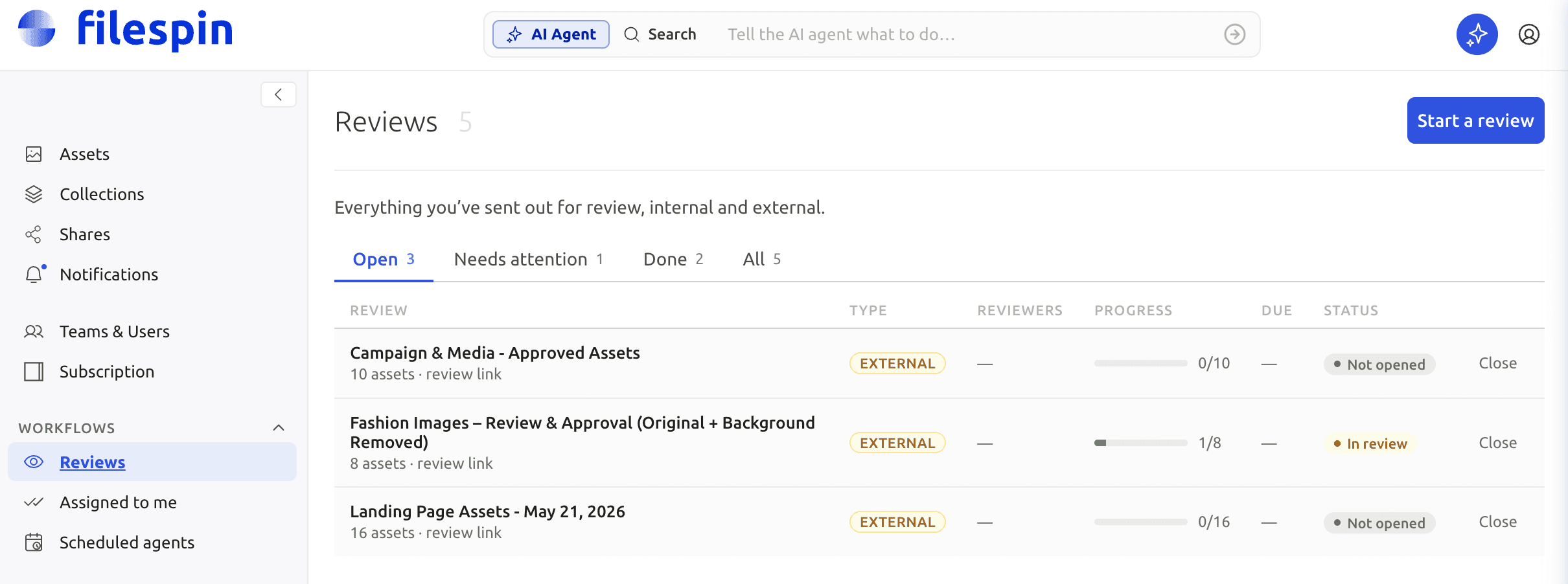 FileSpin Reviews showing due dates, status and progress.