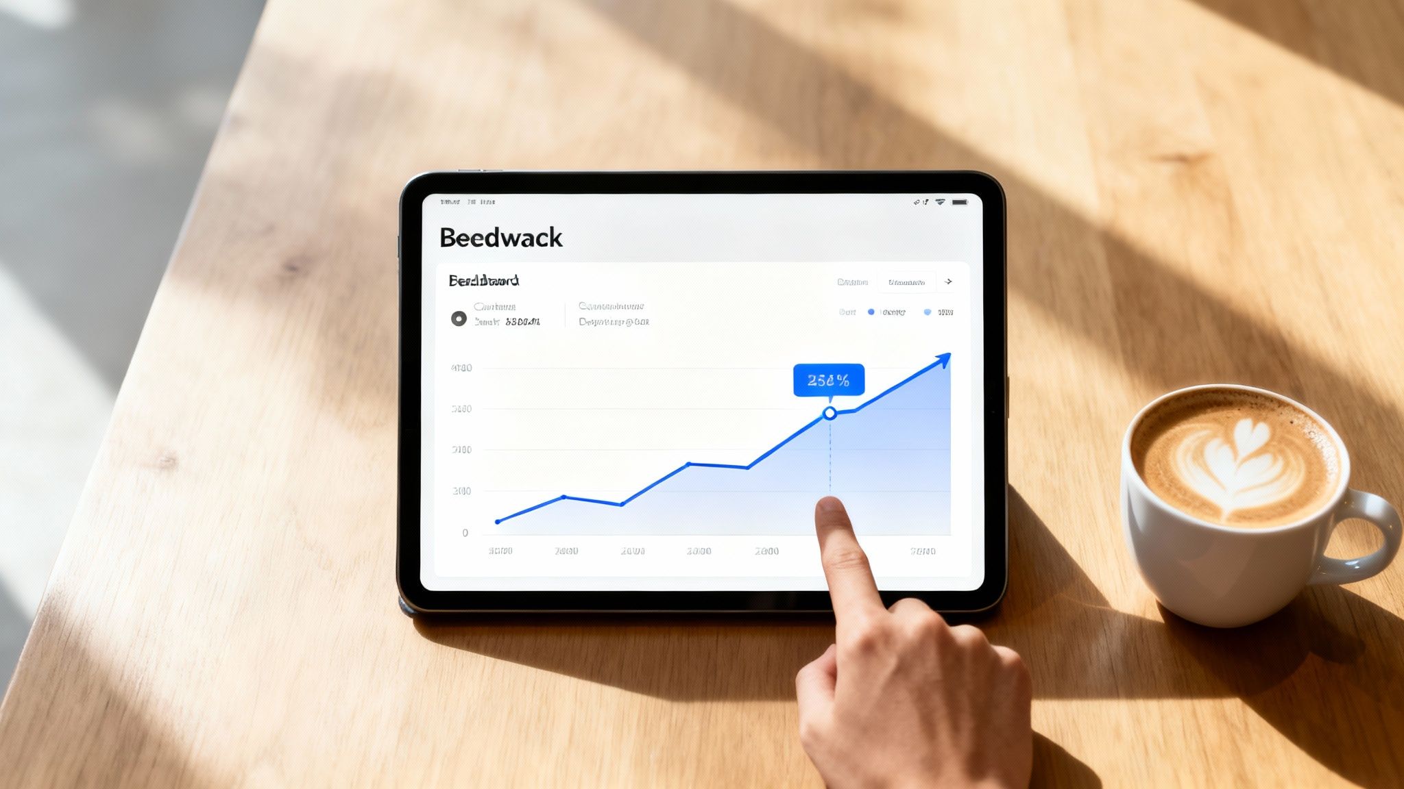 A person's hand interacts with a tablet showing a rising business data chart next to a coffee cup.