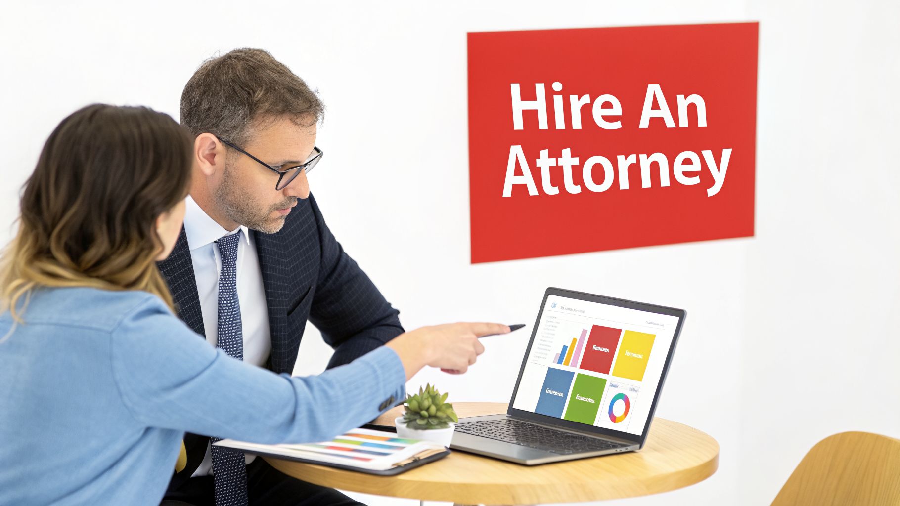 Two professionals discussing information on a laptop, with a 'Hire An Attorney' sign prominently displayed on the wall.