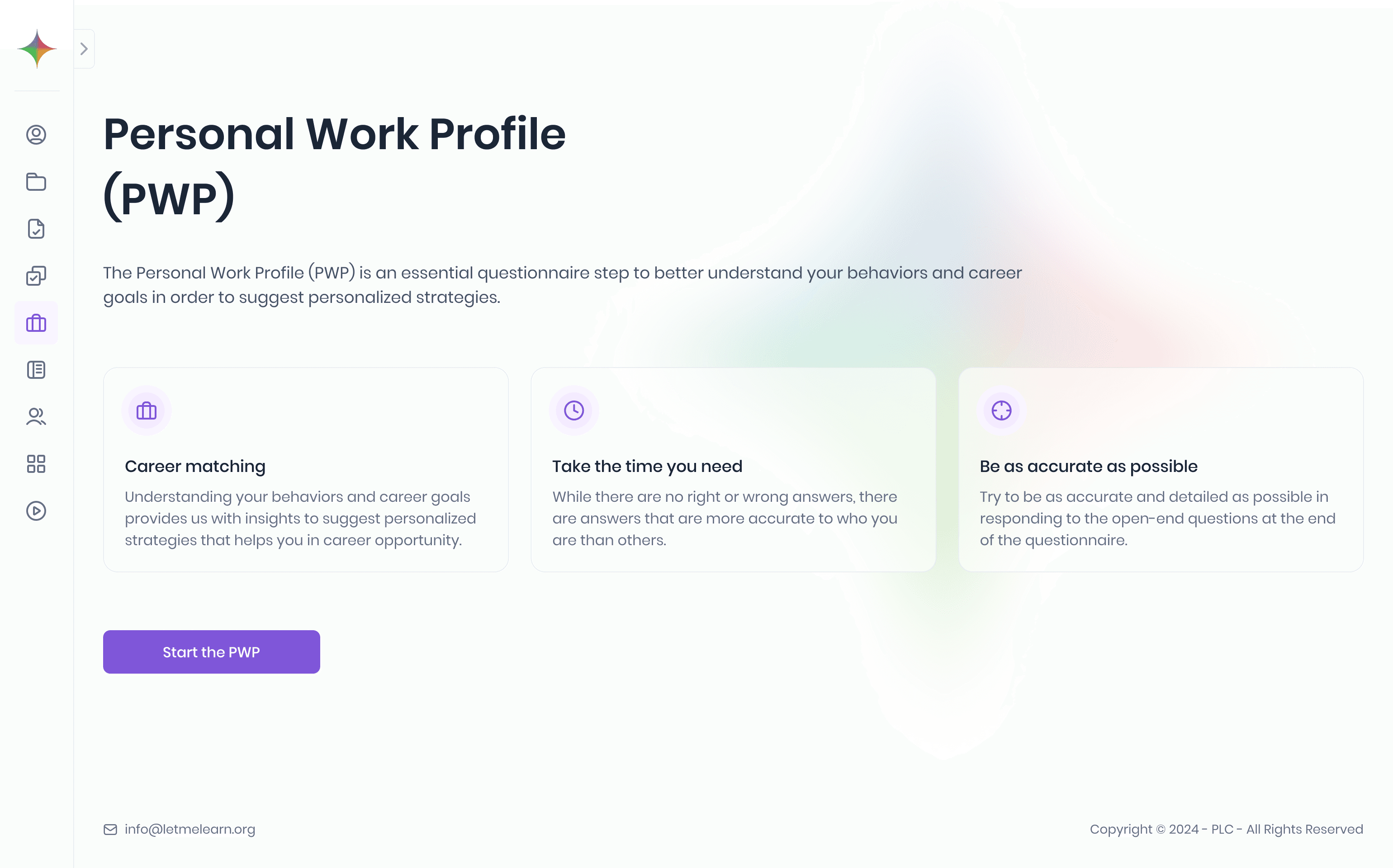 Personal Working Profile (PWP) Screenshot from the PLC by Let Me Learn