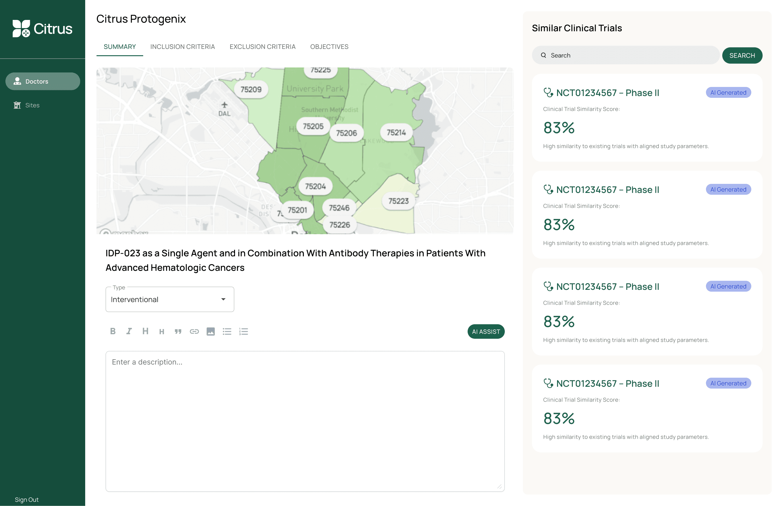 Citrus AI care navigation feature showcasing high-quality provider search with options for location, insurance, and specialty filters, including a side-by-side map view for comparing provider ratings and cost of care.