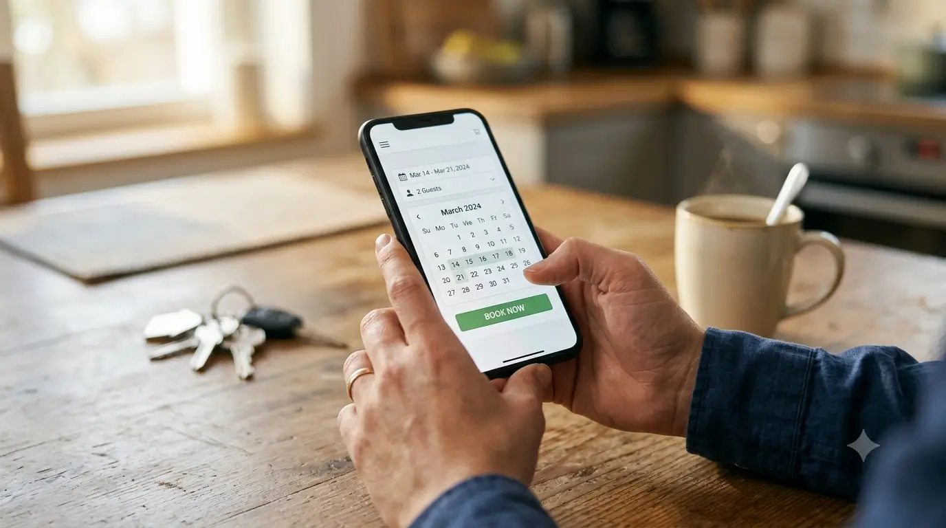 A host checks their vacation rental direct booking website on a phone at a kitchen table.