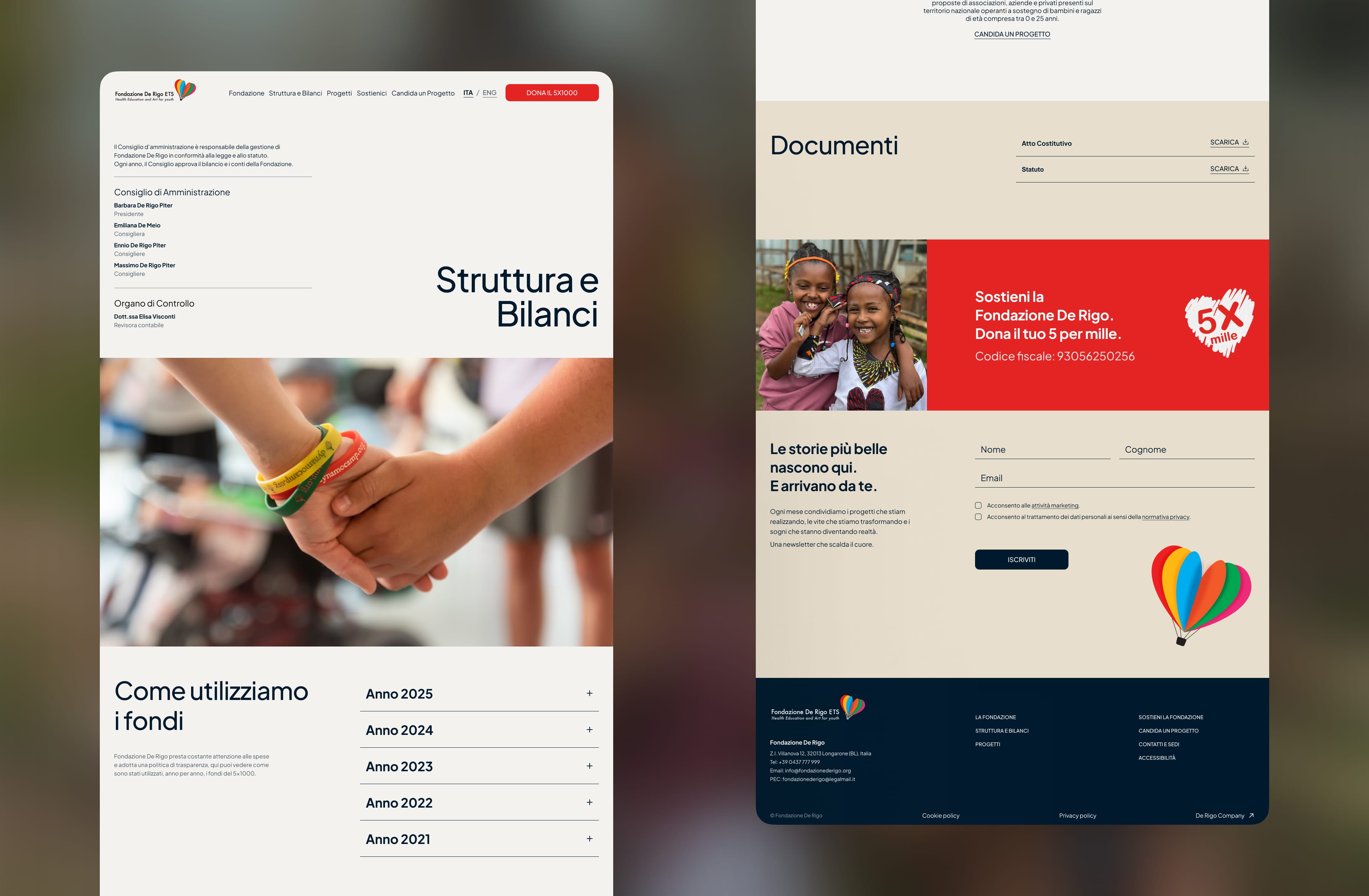 Fondazione De Rigo governance and transparency pages with leadership details, fund reports, documents, and newsletter signup.