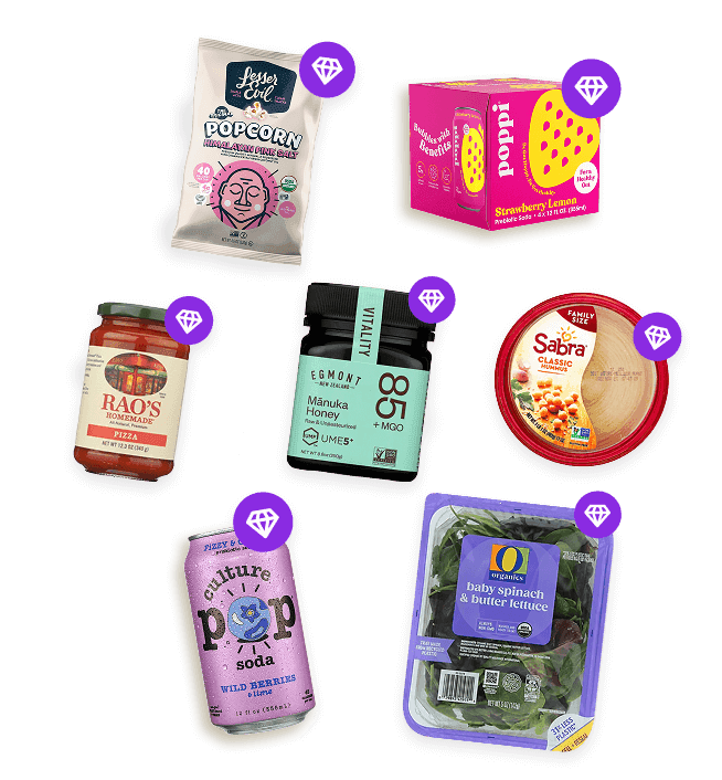 A group of snacks with the diamond badge on them to indicate that they are perfect